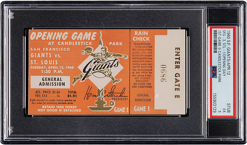 April 12th, 1960 Opening Day San Francisco Giants vs. St. Louis Cardinals Ticket Stub PSA EX 5 - First Game at Candlestick Park!