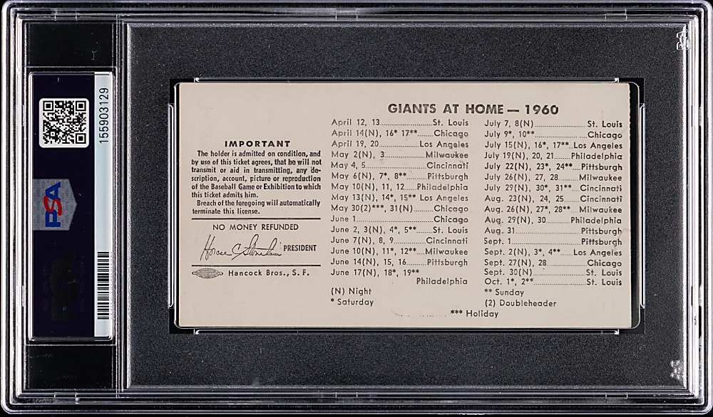 April 12th, 1960 Opening Day San Francisco Giants vs. St. Louis Cardinals Ticket Stub PSA EX 5 - First Game at Candlestick Park!