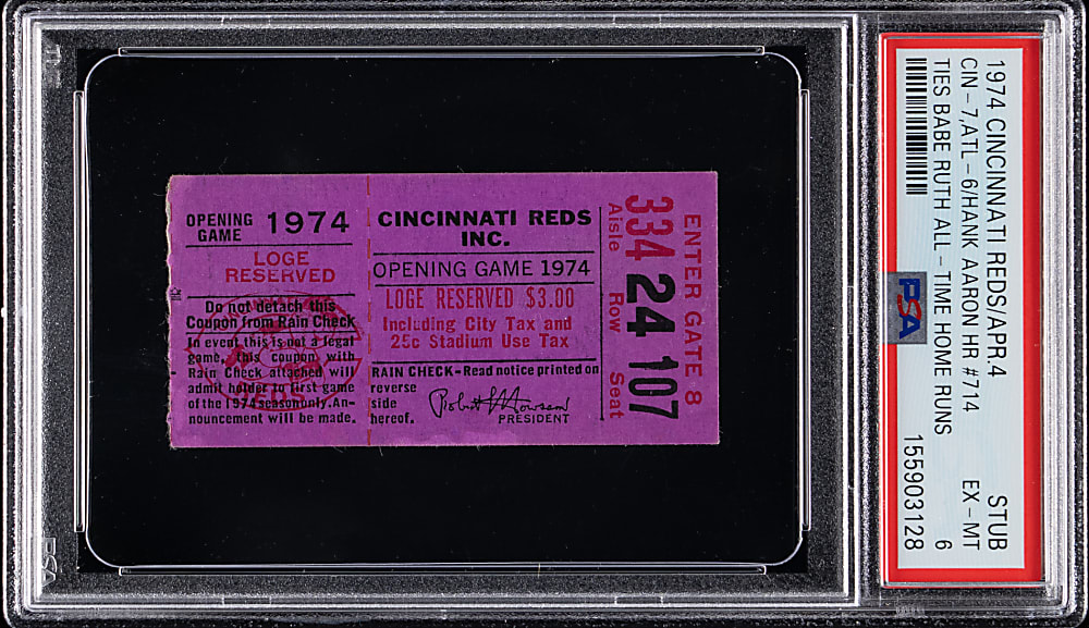 April 4th, 1974 Hank Aaron Career Home Run #714 Cincinnati Reds vs. Atlanta Braves Ticket Stub - PSA EX-MT 6 - Aaron Ties Babe Ruth
