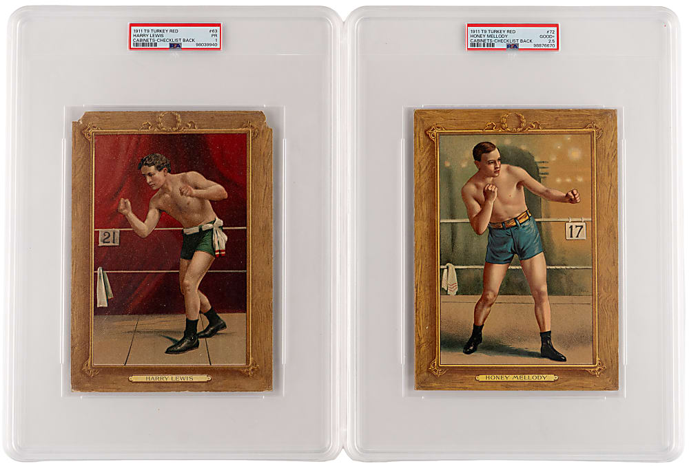 1911 T9 Turkey Red Boxing Cabinets PSA Graded Pair with #63 Harry Lewis (PSA POOR 1) & #72 Honey Mellody (PSA GOOD+ 2.5)
