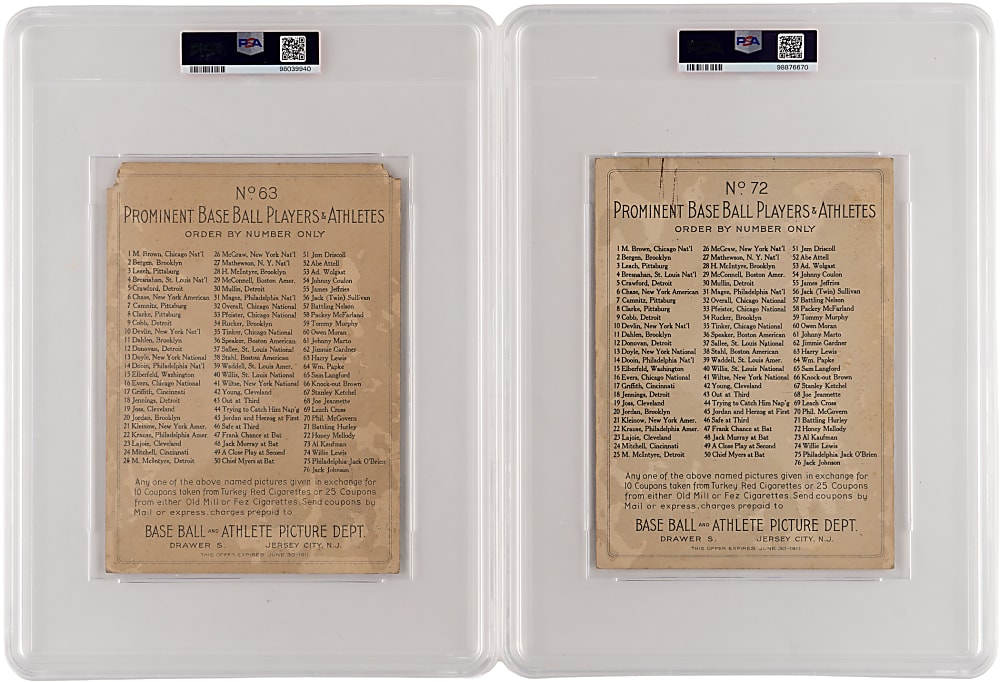 1911 T9 Turkey Red Boxing Cabinets PSA Graded Pair with #63 Harry Lewis (PSA POOR 1) & #72 Honey Mellody (PSA GOOD+ 2.5)