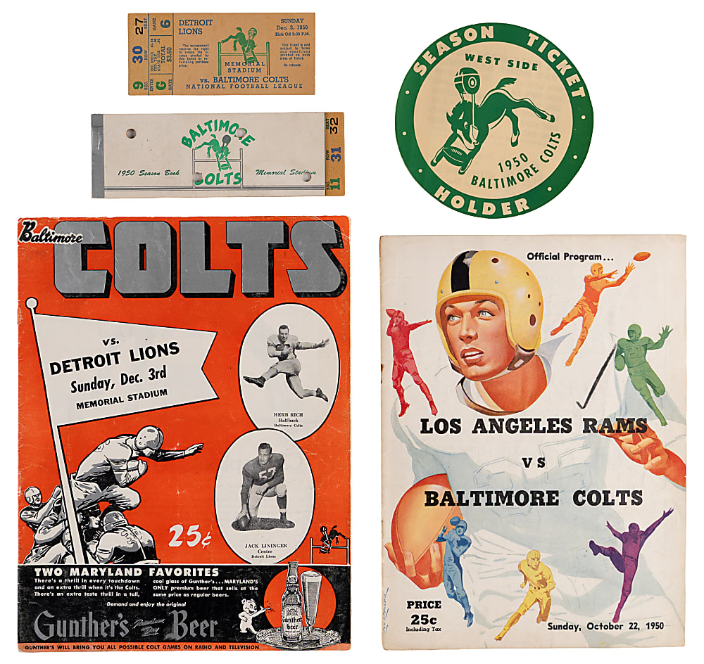 1950 Baltimore Colts First NFL Season Collection (5) with Season Ticket Booklet Containing (3) Full Tickets