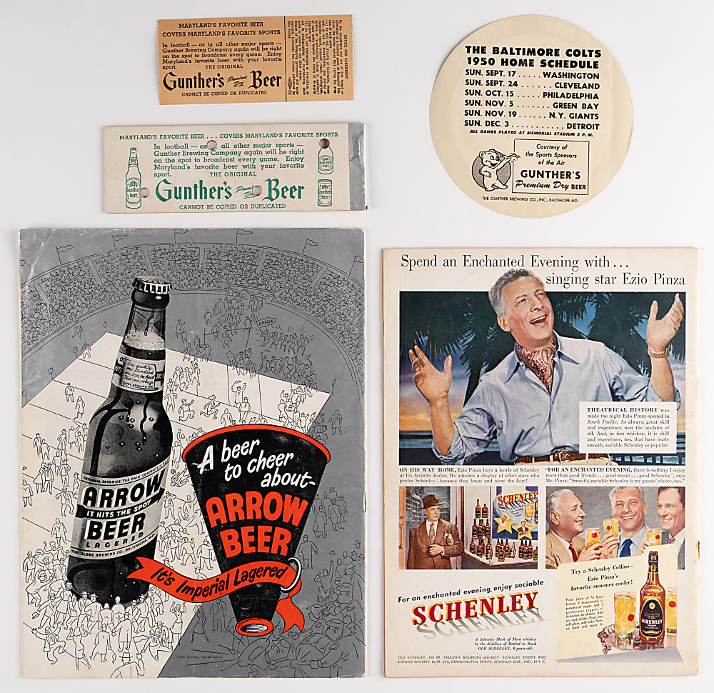 1950 Baltimore Colts First NFL Season Collection (5) with Season Ticket Booklet Containing (3) Full Tickets