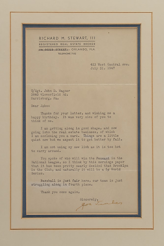 1947 Joe Tinker Signed Letter in Framed Display - Full JSA LOA