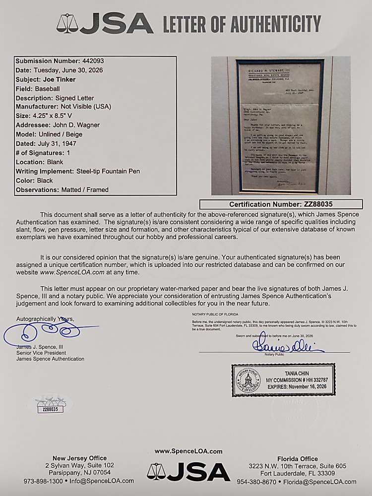 1947 Joe Tinker Signed Letter in Framed Display - Full JSA LOA