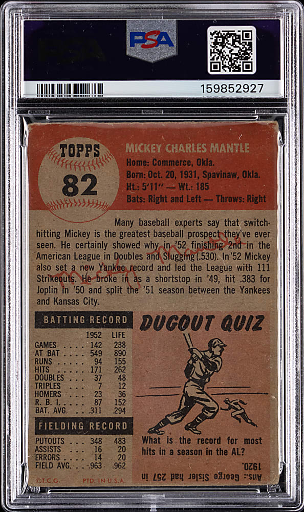 1953 Topps #82 Mickey Mantle PSA FAIR 1.5