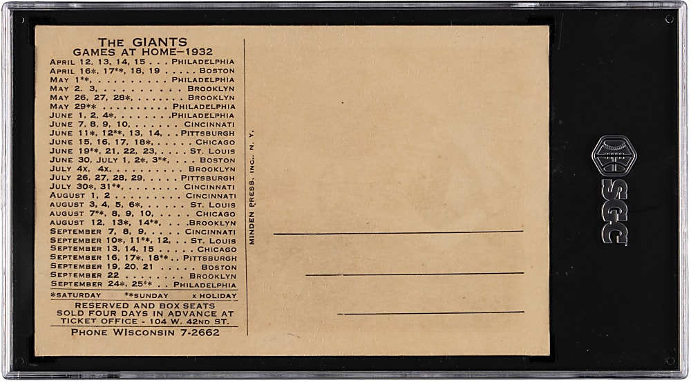 1932 New York Giants Schedule Carl Hubbell Postcard Thin Stock SGC GOOD 2