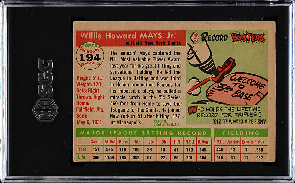 1955 Topps #194 Willie Mays SGC GOOD 2