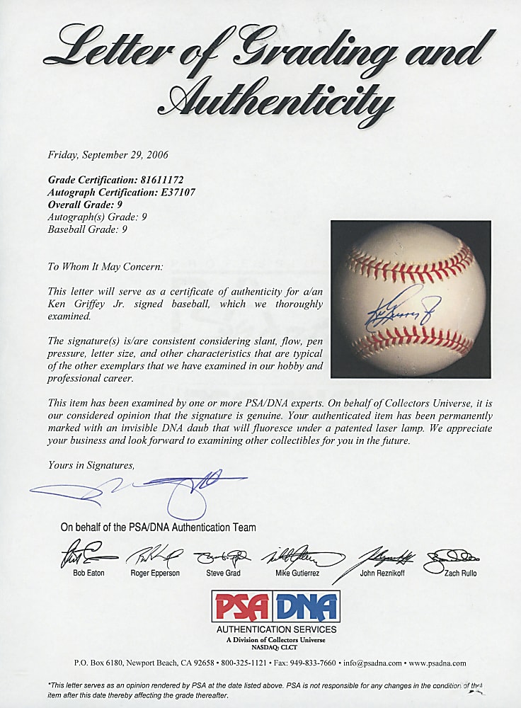 Ken Griffey Jr. Single-Signed Baseball - PSA/DNA Overall 9