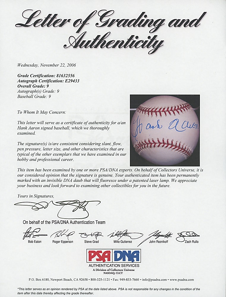 Hank Aaron Single-Signed Baseball PSA/DNA Overall 9