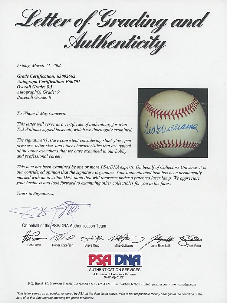 Ted Williams Single-Signed Baseball PSA/DNA Overall 8.5