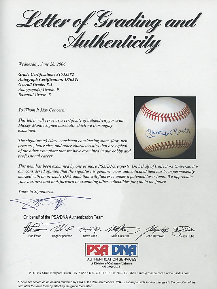 Mickey Mantle Single-Signed Baseball - PSA/DNA Overall 8.5