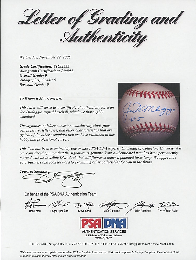 Joe DiMaggio Single-Signed Baseball with #5 Inscription - PSA/DNA Overall 9