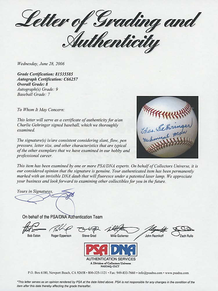 Charlie Gehringer Single-Signed Baseball with "Mechanical Man" Inscription - PSA/DNA Overall 8