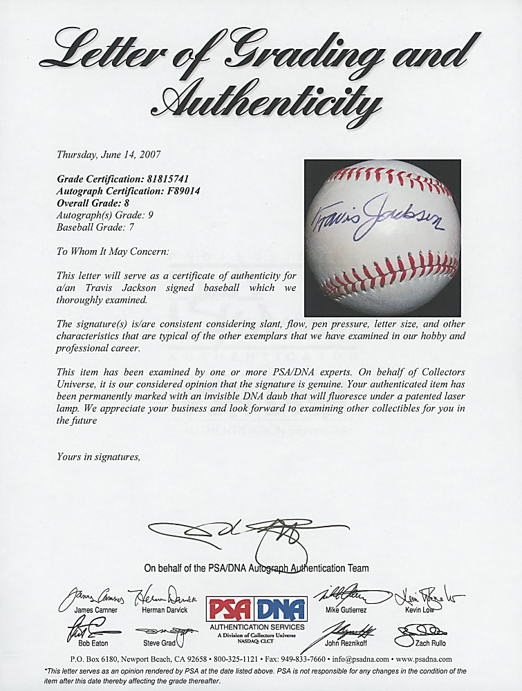 Travis Jackson Single-Signed Baseball - PSA/DNA Overall 8