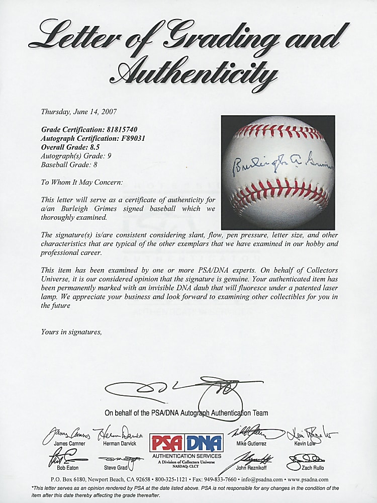 Burleigh A. Grimes Single-Signed Baseball - PSA/DNA Overall 8.5