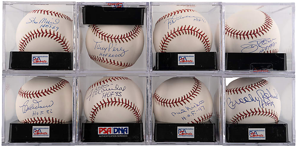 Hall of Fame Single-Signed Baseball Group (8) All with "HOF" Inscriptions & PSA/DNA Graded