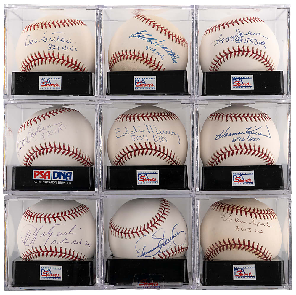 Hall of Fame Single-Signed Baseball Collection with Career Highlight Inscriptions (9) - All PSA/DNA Graded