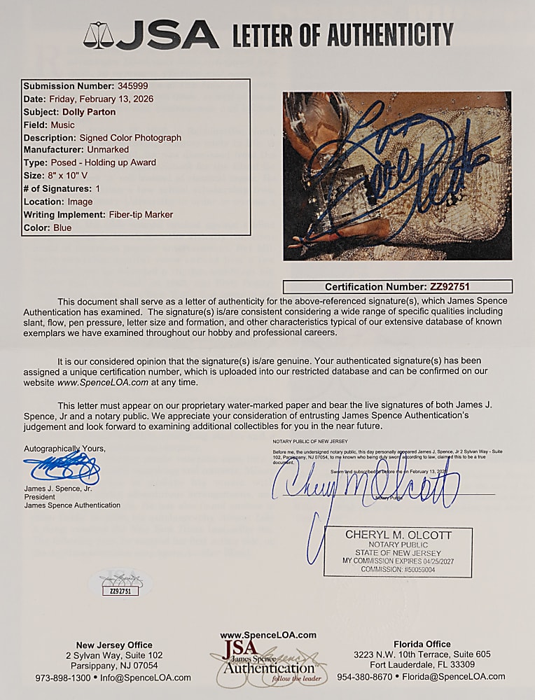 Dolly Parton Signed Color Photo with Full JSA LOA