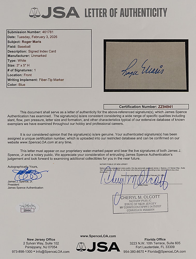 Roger Maris Signed Index Card with Full JSA LOA