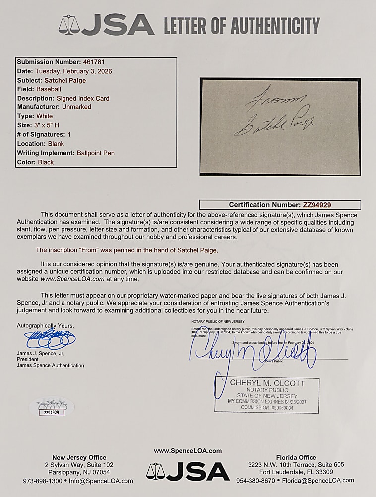 Satchel Paige Signed Index Card - Full JSA LOA
