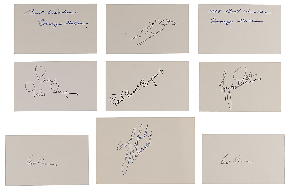 Multi-Sport Signed Index Cards (9) with (2) Halas, Namath & Bear Bryant
