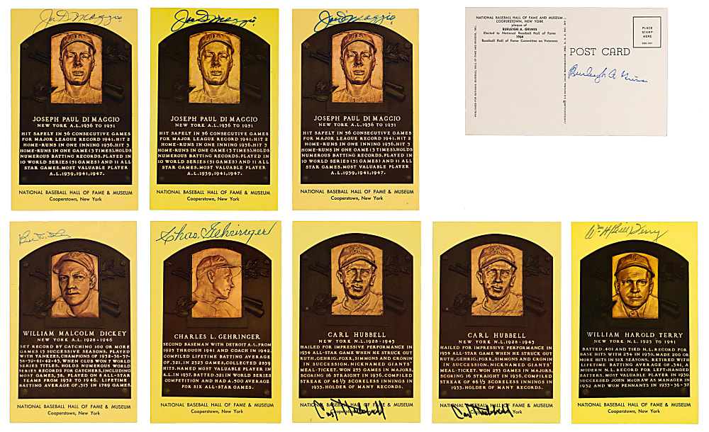 Signed Yellow Hall of Fame Postcards (27) with (3) DiMaggio, (2) Hubbell, Grimes