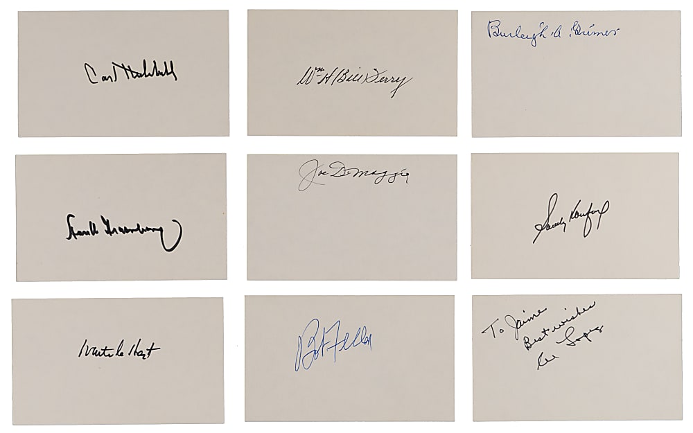 Hall of Fame Signed Index Card Collection (16) with DiMaggio, Koufax & Greenberg