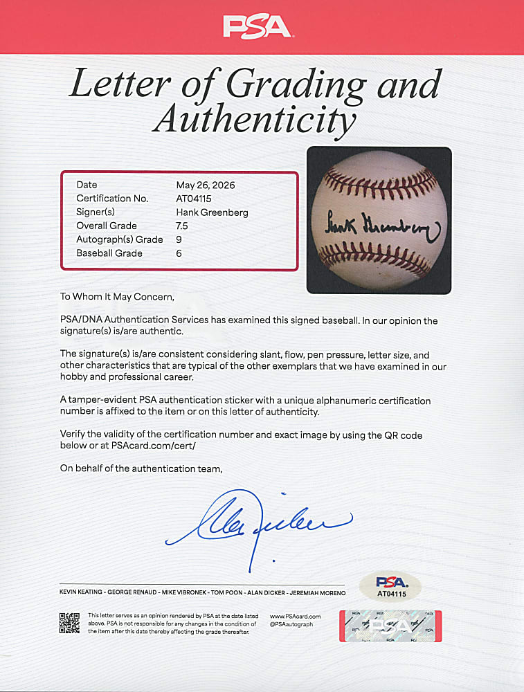 Hank Greenberg Single-Signed & Graded OAL/Brown Baseball - PSA/DNA Overall 7.5 with Mint 9 Autograph Grade!