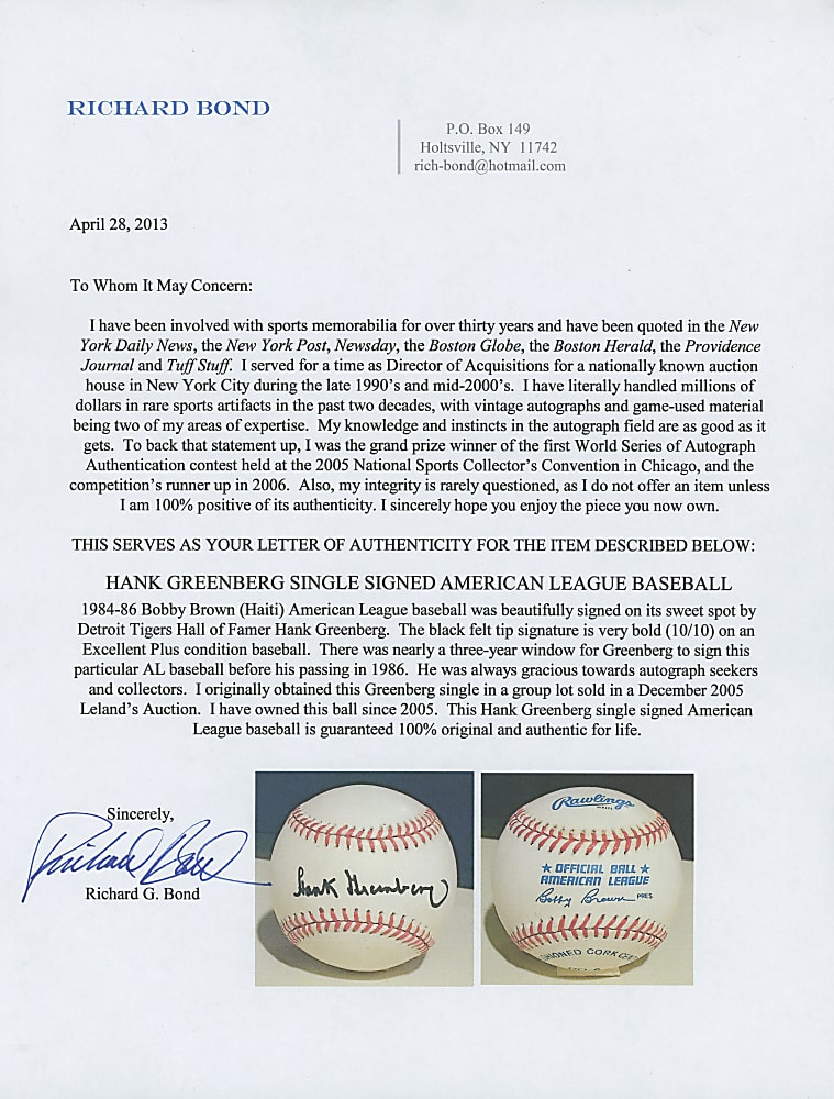 Hank Greenberg Single-Signed & Graded OAL/Brown Baseball - PSA/DNA Overall 7.5 with Mint 9 Autograph Grade!