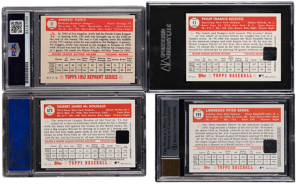 1952 Topps Reprint Certified Autograph & Signed Graded Cards (4) with Yogi Berra & Phil Rizzuto