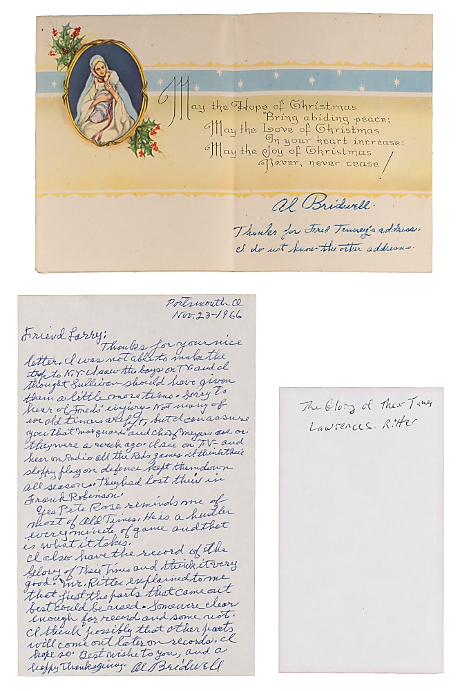 Al Bridwell (d.1969) Signed Pair with Christmas Card & Letter from Fred Tenney Estate