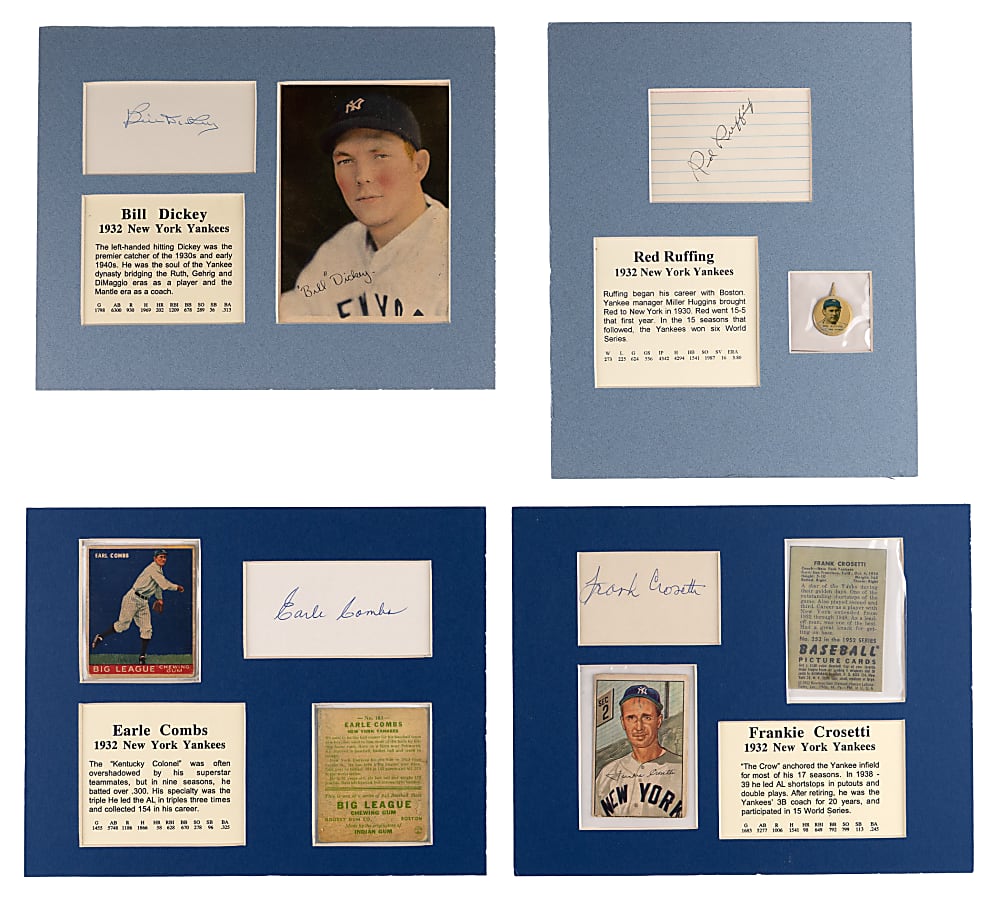 1932 New York Yankees Signed Flats with Matching 1928-1952 Vintage Card Displays (30 Total Items) with Hall of Famers & Stars