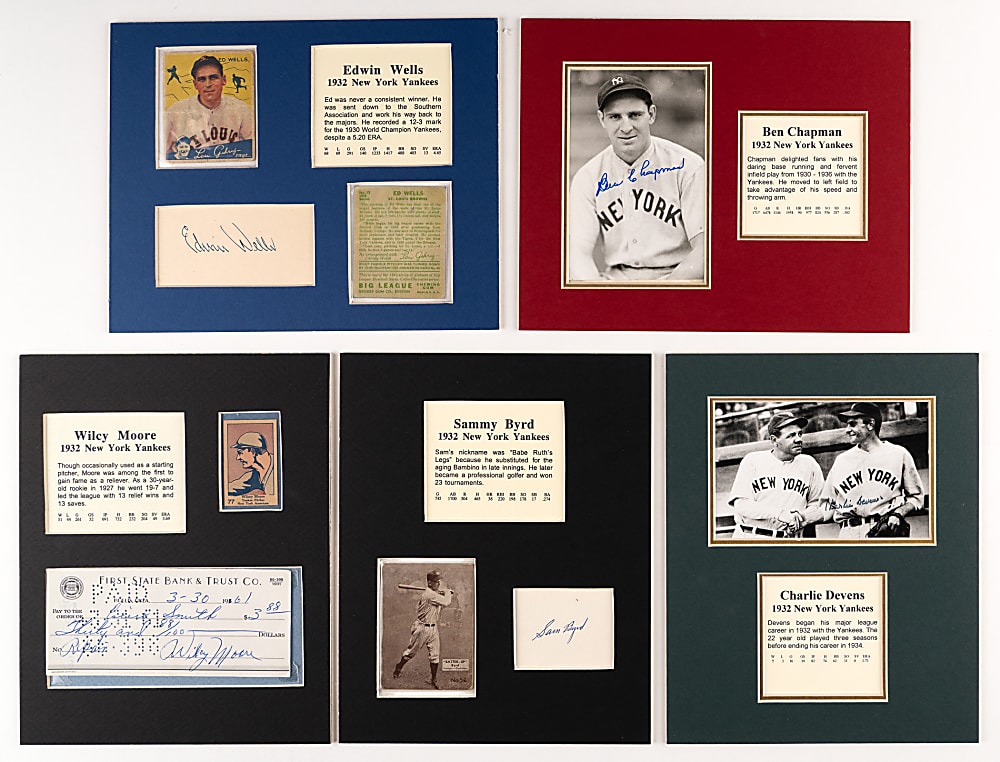 1932 New York Yankees Signed Flats with Matching 1928-1952 Vintage Card Displays (30 Total Items) with Hall of Famers & Stars