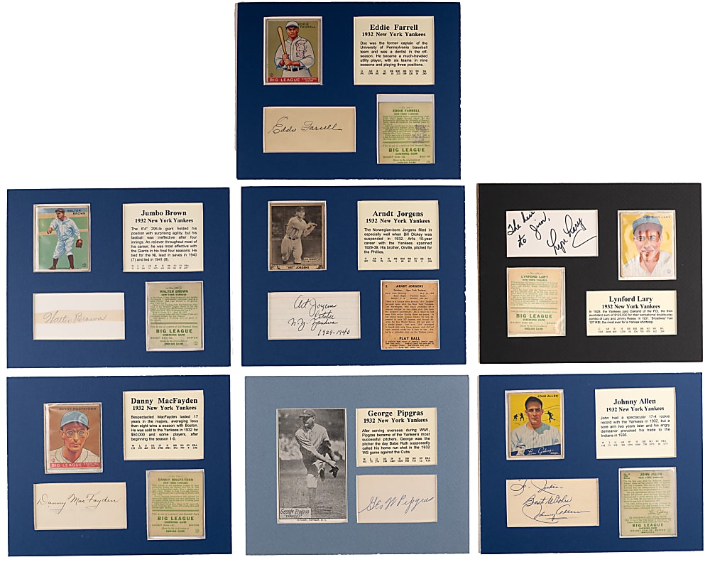 1932 New York Yankees Signed Flats with Matching 1928-1952 Vintage Card Displays (30 Total Items) with Hall of Famers & Stars