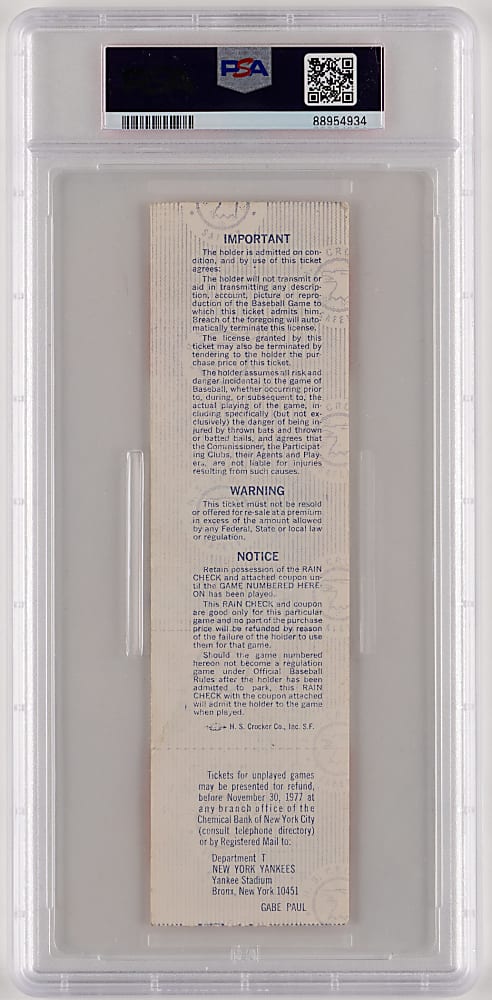 Reggie Jackson Signed 1977 World Series Game 6 Clincher Full Ticket - Jackson 3 Home Runs/Series MVP - PSA/DNA Autograph Grade 10/Ticket Authentic