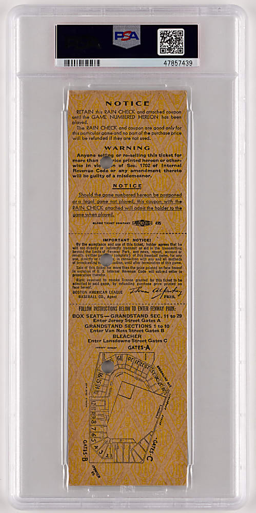 1946 Boston Red Sox vs. St. Louis Cardinals World Series Game 5 Punched Full Ticket - Ted Williams Only Postseason RBI - PSA Authentic