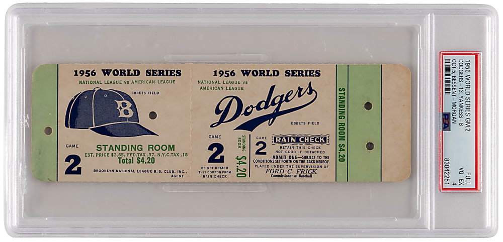 1956 Brooklyn Dodgers vs. New York Yankees World Series Game 2 Full Ticket - Yogi Berra & Duke Snider Home Runs! - PSA VG-EX 4