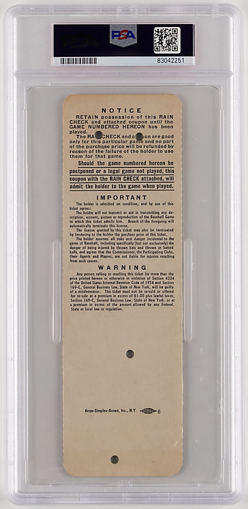 1956 Brooklyn Dodgers vs. New York Yankees World Series Game 2 Full Ticket - Yogi Berra & Duke Snider Home Runs! - PSA VG-EX 4