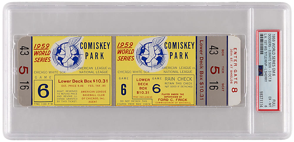 1959 Los Angeles Dodgers vs. Chicago White Sox World Series Game 6 Clincher Full Ticket - First Dodgers Title in Los Angeles - PSA EX-MT 6