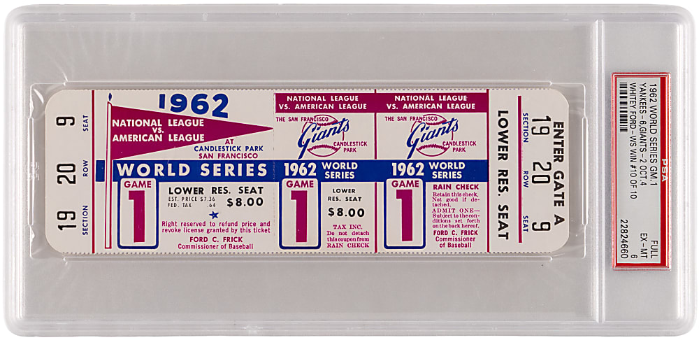 1962 New York Yankees vs. San Francisco Giants World Series Game 1 Full Ticket - Whitey Ford Final World Series Win #10 - PSA EX-MT 6