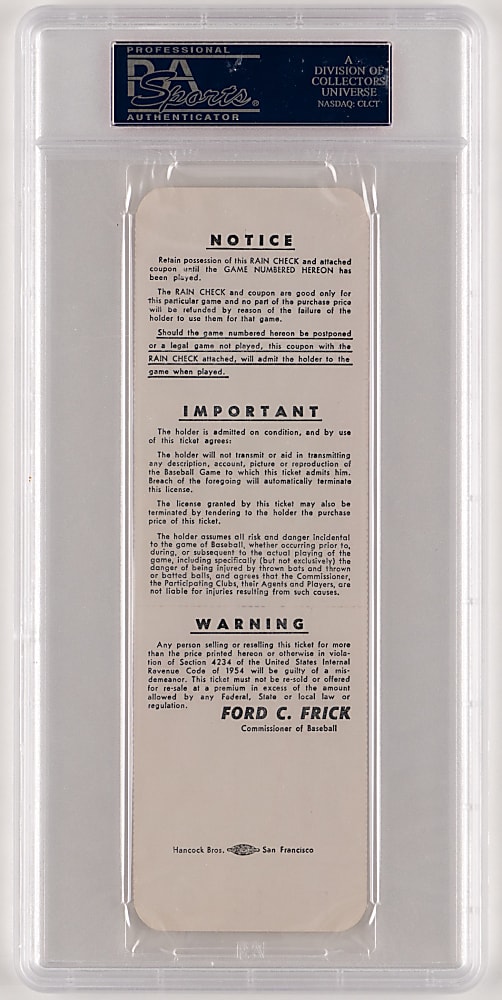 1962 New York Yankees vs. San Francisco Giants World Series Game 1 Full Ticket - Whitey Ford Final World Series Win #10 - PSA EX-MT 6