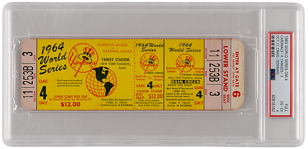 1964 St. Louis Cardinals vs. New York Yankees World Series Game 4 Full Ticket PSA VG-EX 4 - Mickey Mantle Career World Series RBI #36