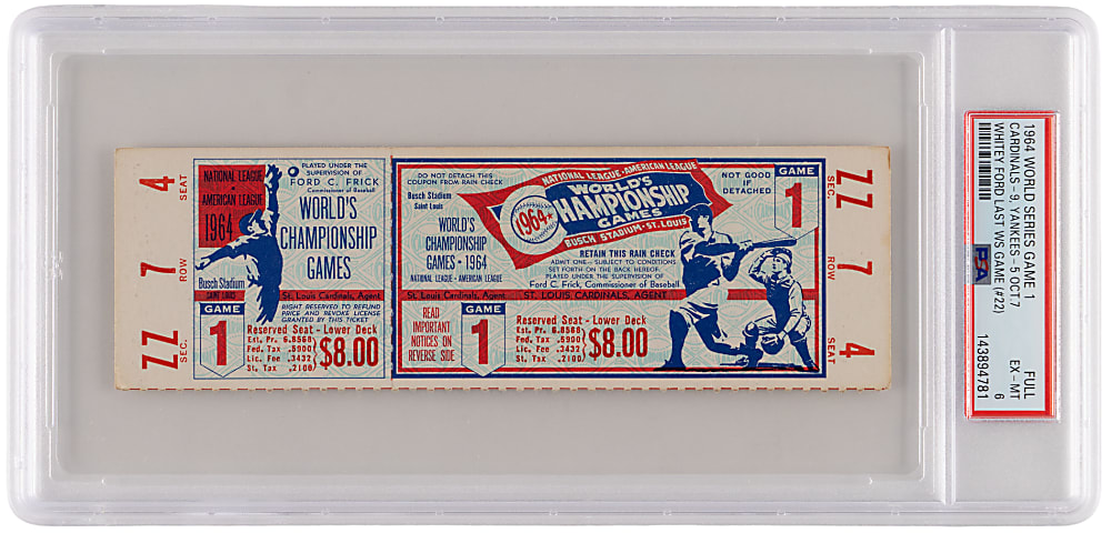 1964 St. Louis Cardinals vs. New York Yankees World Series Game 1 Full Ticket PSA EX-MT 6 - Whitey Ford Last World Series Game (#22)