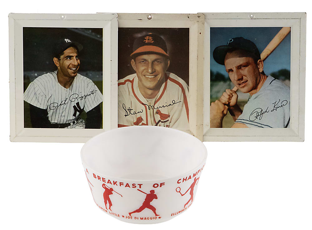 1937-1952 Wheaties Premiums (4) with Breakfast of Champions Bowl & Kiner/Musial/Rizzuto Tin Photograph Trays