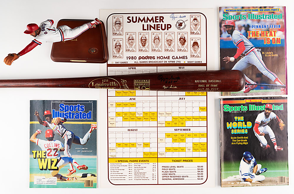 1980-2002 Ozzie Smith Collection (6) with (2) Signed Including Bat & 1980 Schedule Broadside