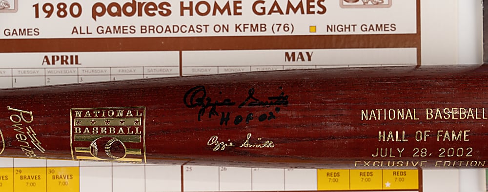 1980-2002 Ozzie Smith Collection (6) with (2) Signed Including Bat & 1980 Schedule Broadside
