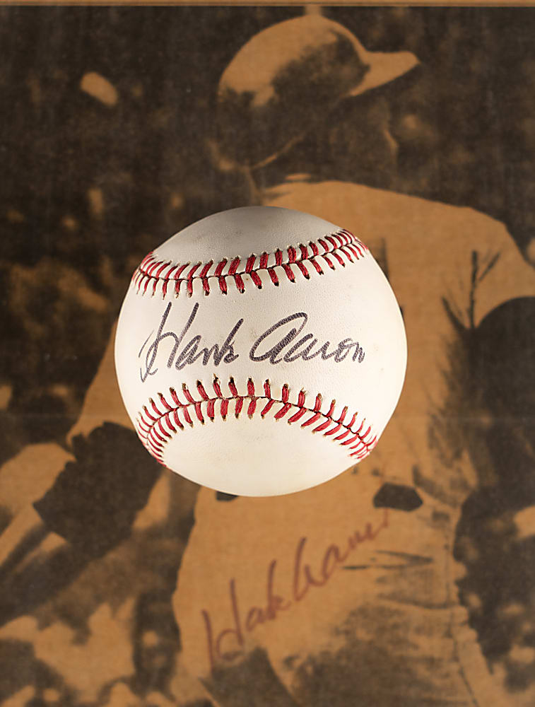 1970s Hank Aaron Collection (5) with (2) Signed Items & 5-Foot-Tall Standup