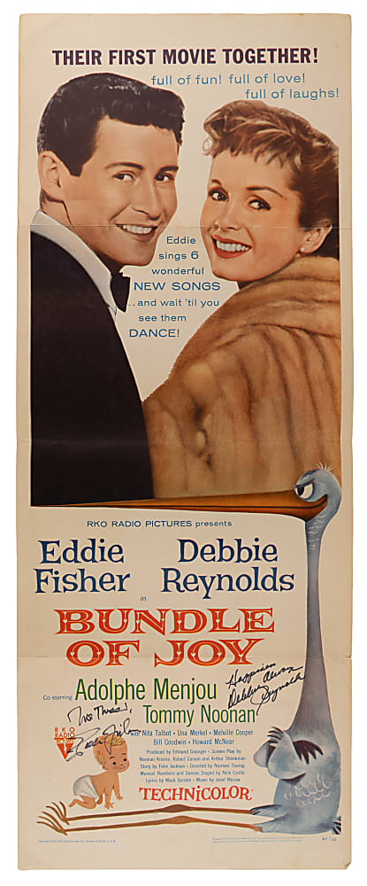 1957 Eddie Fisher & Debbie Reynolds Signed "Bundle of Joy" 14x36 Original Window Sheet
