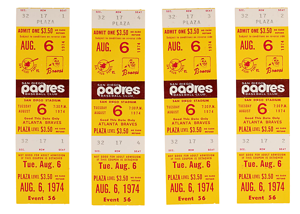 August 6, 1974 Hank Aaron's Final Multi-Home Run Game Unused Full Tickets (4) - Sharp!